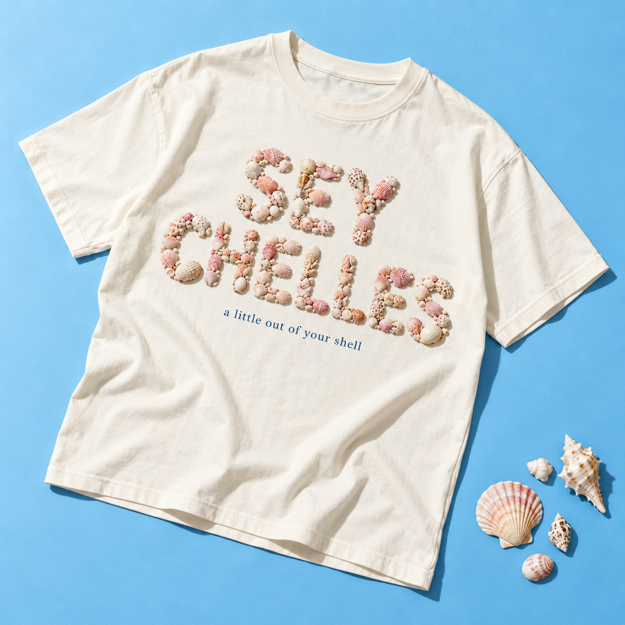 Concept ivory Seychelles T-shirt with lettering made from seashells on a blue background